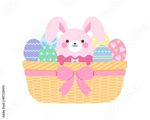 籠バスケットに入ったウサギと卵のイースターイラスト