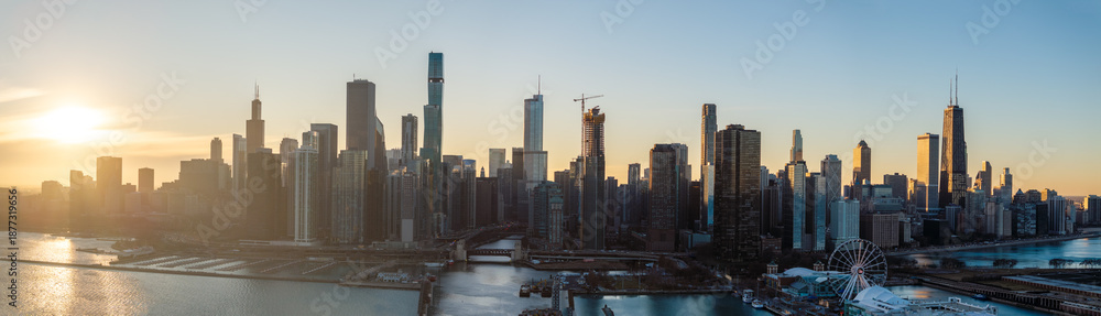 Obraz premium Aerial panoramic view of Chicago skyline at sunset in winter, January 13, 2026