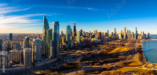  Aerial View of Downtown Chicago Skyline Along Lake Michigan on a Clear Day