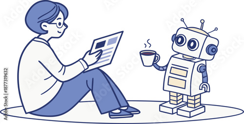 Human and Robot Leisure Time: In a serene scene, a human enjoys reading a newspaper while a robot offers a cup of coffee. The image evokes a sense of companionship and future synergy.
