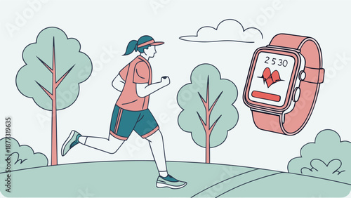 Running with Fitness Tracker: A vibrant illustration captures a person actively running outdoors while monitoring their heart rate and progress on a smartwatch.