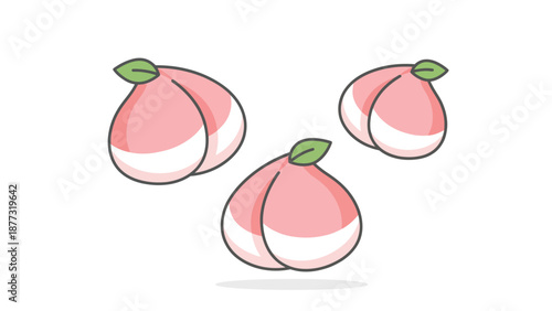 Three cute cartoon peaches with pink and white coloring and green leaves, depicted in a simple vector style on a white background.