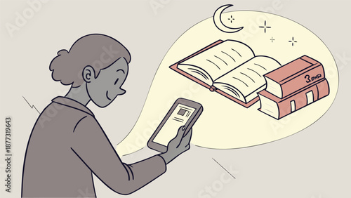 Digital Dreams: A Person's Evening Read. Person immersed in the world of books through a digital screen, their imagination conjuring images of open books, a crescent moon, and sparkling stars. 