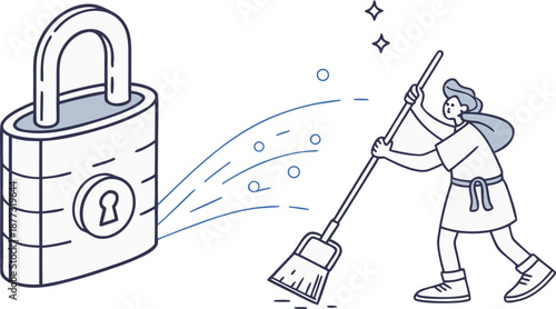 Data Cleaning for Security: An illustration portraying the act of cleaning a security breach. A person sweeps away lines and sparkles, with a padlock nearby.