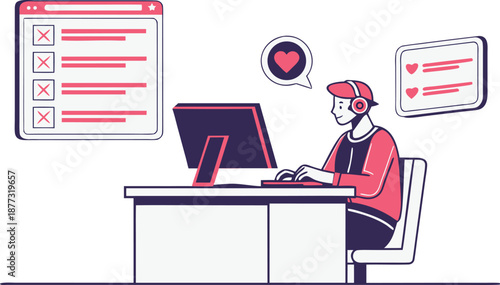 Online Engagement: A digital landscape where a focused individual, immersed in a digital task, navigates a series of interactive icons.