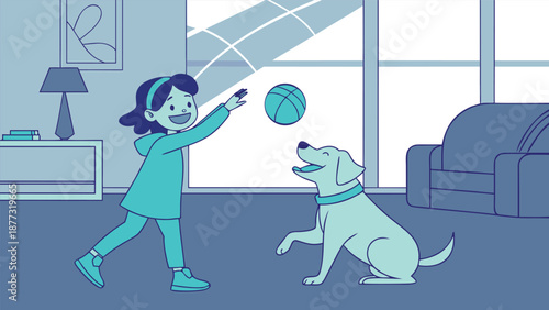 Girl and Dog Playtime: A heartwarming illustration of a young girl and her loyal canine companion sharing a joyful moment of play indoors, fostering a connection built on love and happiness.