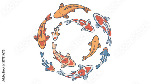 Colorful koi fish swimming in a circular pattern, forming a decorative and harmonious design on a white background.