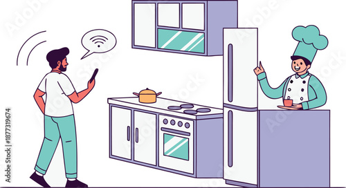 Smart Kitchen Harmony: A modern kitchen scene unfolds, depicting a person using a mobile phone, presumably to control or communicate with the smart appliances, alongside a chef.