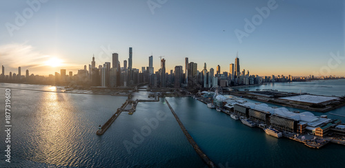 Aerial View of Chicago Illinois Skyline at sunset Over Lake Michigan, Winter January 2026