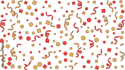 A vibrant and festive seamless pattern of red and gold confetti, featuring small squares, circles, and wavy ribbons scattered across a white background, perfect for celebrations.