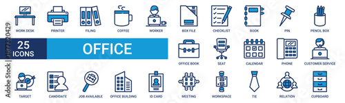 Office icon set. Containing work desk, printer, filing, coffee, worker, box file, checklist, book and more. Blue vector icons collection.