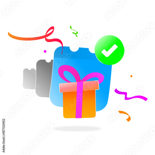 Modern vector illustration of daily reward concept. calendar page with gift box, floating ribbons, check mark. bonus, reward check in, loyalty program, achievement completion, gamification system
