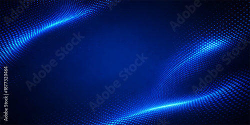 Abstract blue background with glowing light lines and dark motion texture featuring digital laser rays in a wave pattern for an energy art backdrop