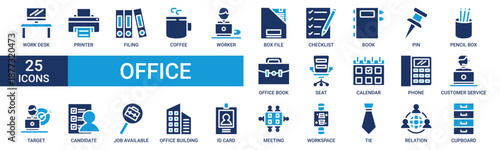 Office icon set. Containing work desk, printer, filing, coffee, worker, box file, checklist, book and more. Solid vector icons collection.