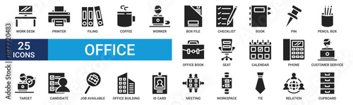 Office icon set. Containing work desk, printer, filing, coffee, worker, box file, checklist, book and more. Glyph vector icons collection.