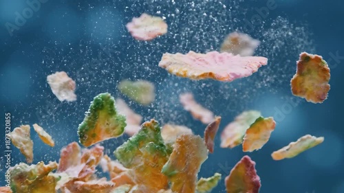 Vibrant tropical fish food flakes gracefully descend and disperse in crystal clear aquarium water creating a dynamic and colorful underwater feeding spectacle for aquatic pets.