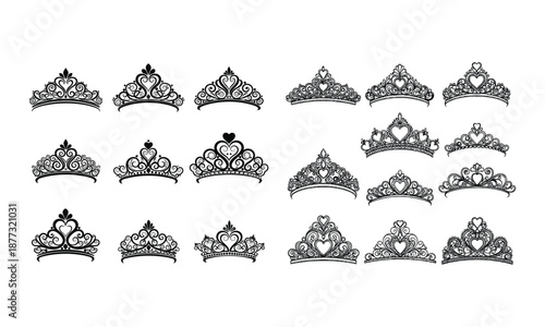 Elegant Princess Tiara and Heart Crown Silhouette Vector Set