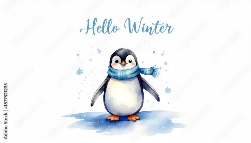 Obraz premium Cute Penguin in Blue Scarf on Ice with 