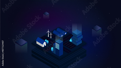 아이소메트릭 건물(과학+미래+도시+형광+빛)