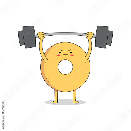 Cute donut cartoon character lifting weight barbell doodle