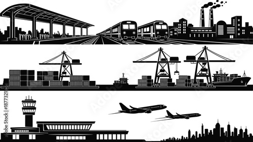 Global transportation and logistics silhouettes showing railway station, cargo port, shipping containers, airport terminal, airplanes, and industrial city skyline infrastructure illustration