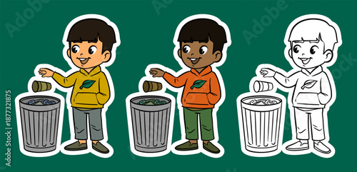 Boy Throwing Trash into a Bin Cartoon Illustration