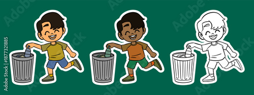 Boy Running While Throwing a Bottle into a Bin Cartoon Illustration