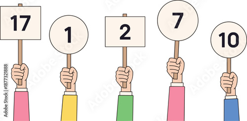 Hands holding numbered rating boards for voting and feedback concept, customer survey results, evaluation scores, opinion poll illustration isolated on white background