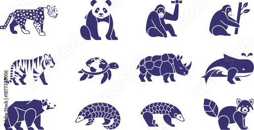 Minimalist flat vector endangered species icon set snow leopard giant panda orangutan tiger sea turtle