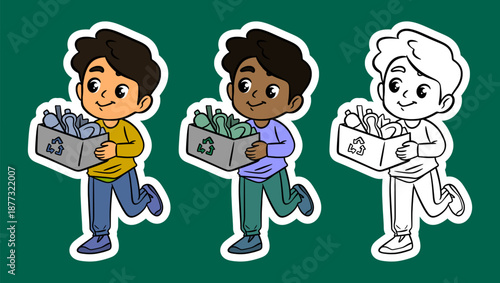 Boy Carrying a Box of Recyclables Cartoon Illustration