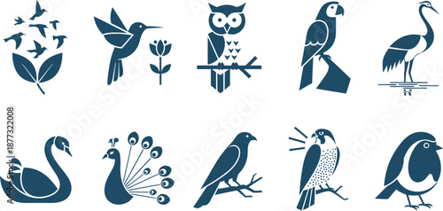 Minimalist flat vector bird icon set flying leaf birds hummingbird owl parrot crane swan
