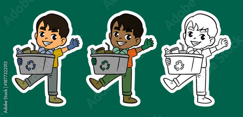 Boy Carrying a Recycling Box While Wearing Gloves Cartoon Illustration