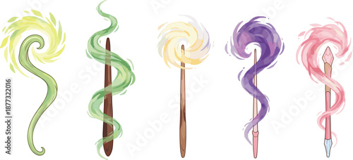 Magic wand spell effects illustration set with glowing swirls, enchanted staffs, fantasy energy trails, and mystical wizard powers for game assets and fantasy design