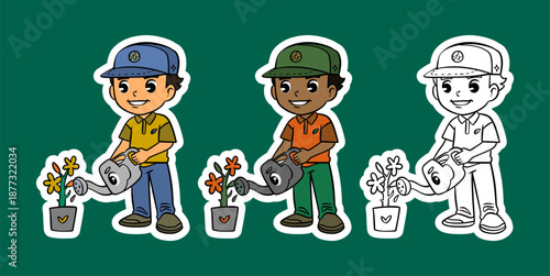 Boy Watering a Potted Flower Cartoon Illustration