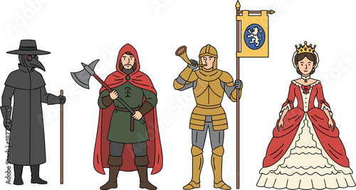 Medieval fantasy character illustrations set featuring plague doctor, warrior, knight with banner, and royal queen in historical costume design