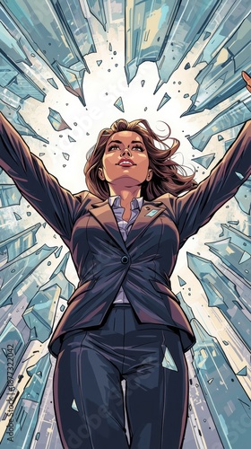 Woman shattering glass ceiling