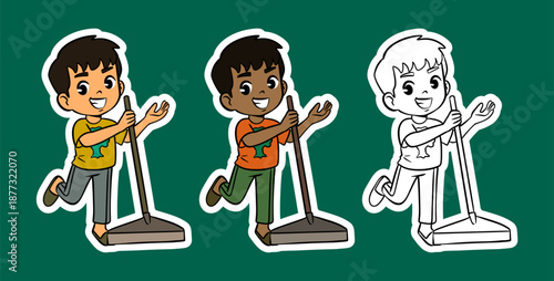 Boy Sweeping the Yard with a Broom Cartoon Illustration