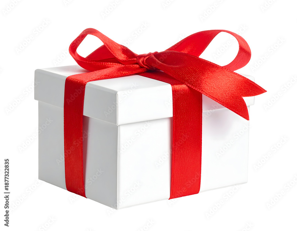 Fototapeta premium White gift box with red ribbon with transparent background