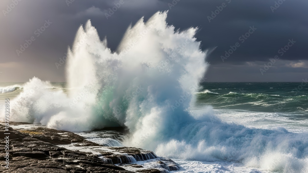 Obraz premium Powerful ocean waves crashing against rocky shore under dark cloudy sky, dramatic coastal scene with intense sea spray and stormy atmosphere