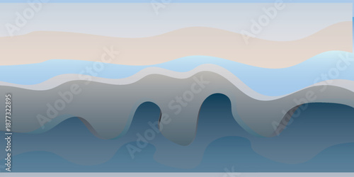Abstract layered landscape with flowing blue and grey shapes creating a serene and modern background design.
