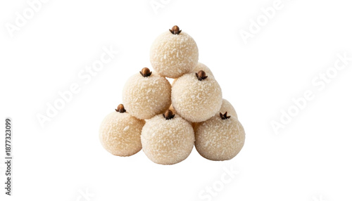 Traditional Beijinho coconut sweet balls with sugar coating, isolated on transparent background. 