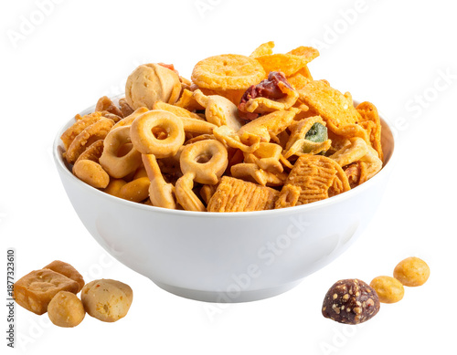 Bowl of assorted snack mix with transparent background