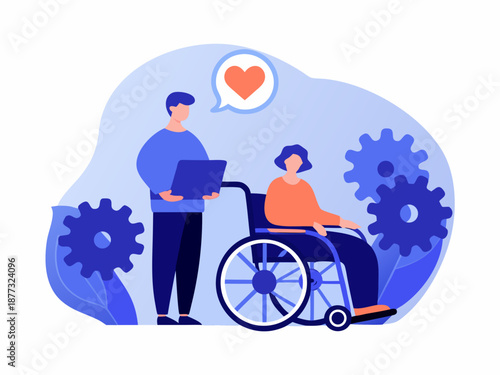Caring man assisting disabled woman with laptop in modern workspace
