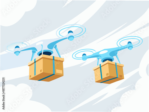 Drones flying with cardboard boxes in the sky