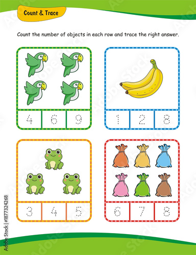 Count and trace number worksheet for kids. Counting 1 to 9, Numbers learning activity.  Counting and writing numbers, Numbers tracing worksheet, mathematics