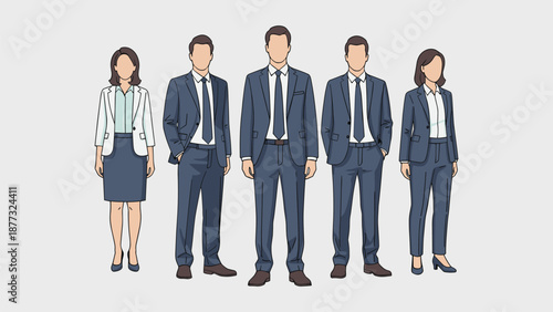 Diverse group of professional business people in modern suits. Ideal vector illustration for corporate teams, office concepts, workforce, and business themes