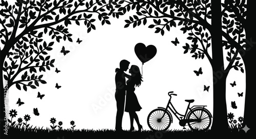  Black silhouette of romantic loving couple holding heart balloon under trees with bicycle and butterflies 2026 vector illustration