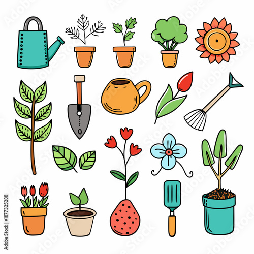 Hand drawn gardening tools and flowers isolated on white