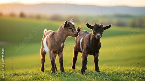 Two Adorable Baby Goats Standing in a Lush Green Meadow at Sunset