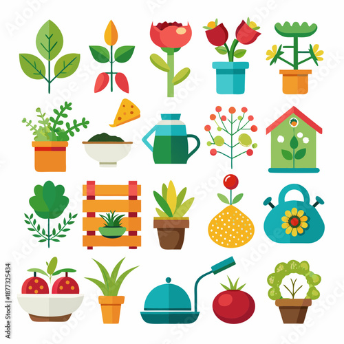 Flat vector gardening icon set on a white background